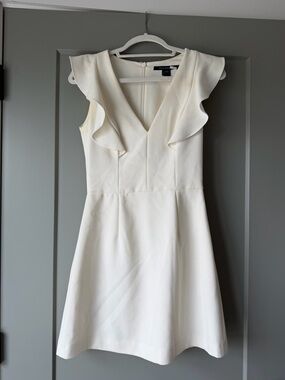 French Connection White Ruffle V-Neck Mini Dress